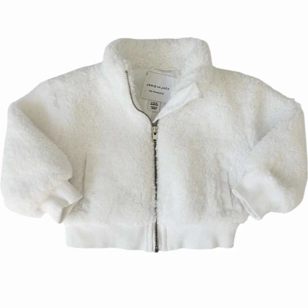 Janie and Jack Girls Sherpa Cropped Jacket Jet Ivory Size 6-12M